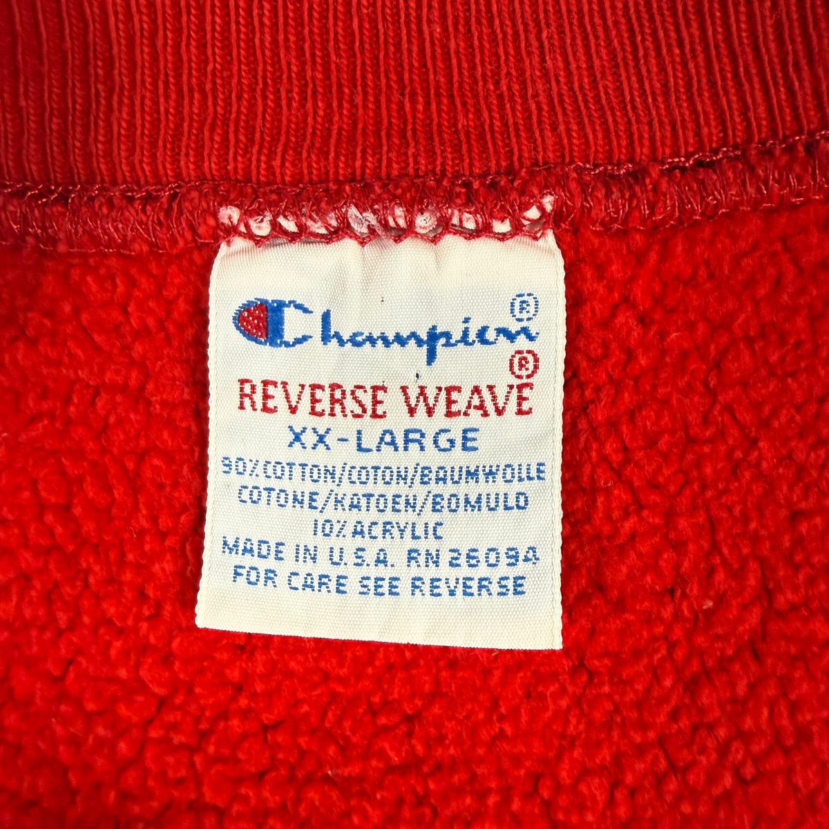 90's Champion リバースウィーブ Wisconsin レッド スウェット XXL 刺繍タグ XX-LARGE MADE IN U.S.A. RN 26094 寄り