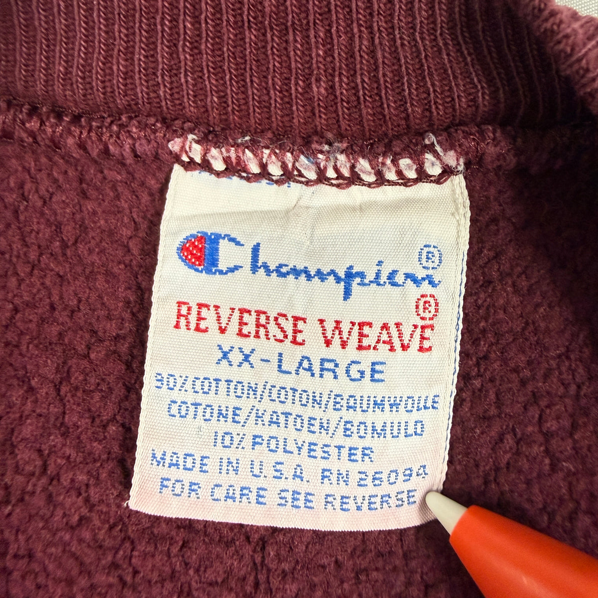 90's Champion リバースウィーブ MINNESOTA マルーン スウェット XXL 刺繍タグ XX-LARGE MADE IN U.S.A. RN 26094 寄り
