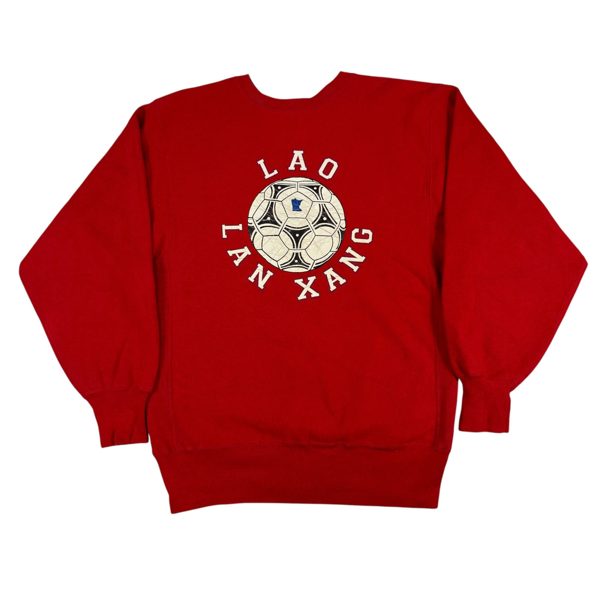 90's Champion リバースウィーブ LAO LAN XANG サッカーボール レッド スウェット XL 正面全体
