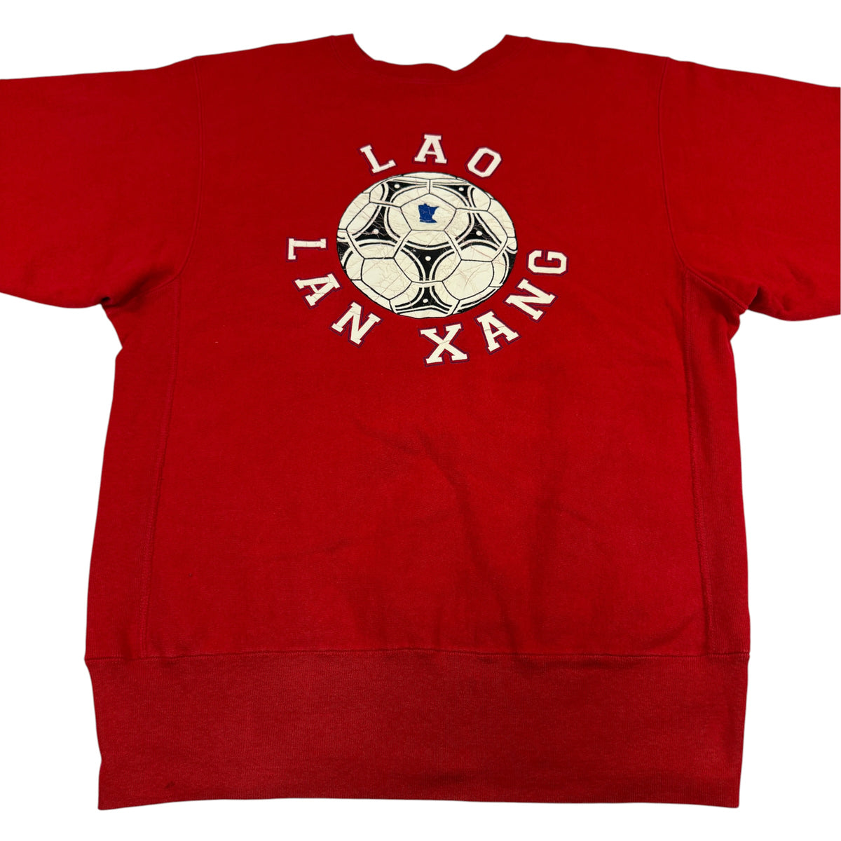 90's Champion リバースウィーブ LAO LAN XANG レッド スウェット XL 正面 平置き全体