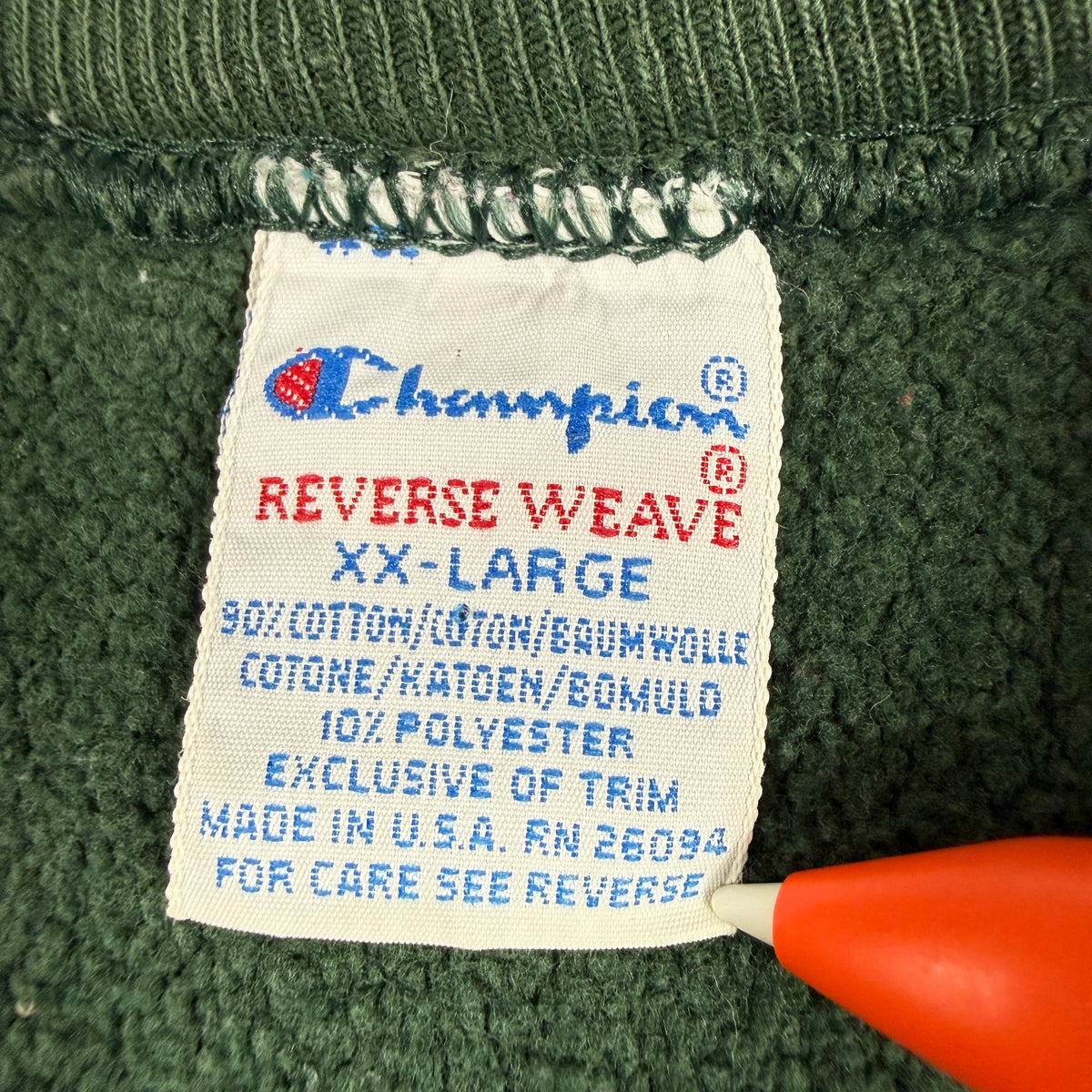 90's Champion リバースウィーブ 無地 ダークグリーン スウェット XXL 刺繍タグ XX-LARGE MADE IN U.S.A. RN 26094 寄り