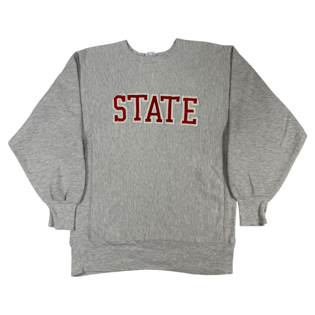 90's Champion リバースウィーブ STATE アップリケ グレー 穴あり スウェット XL 正面全体
