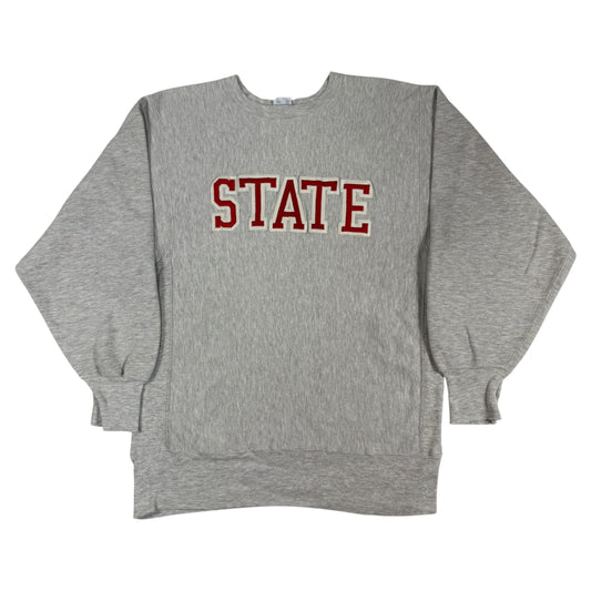 90's Champion リバースウィーブ STATE アップリケ グレー 穴あり スウェット XL 正面全体