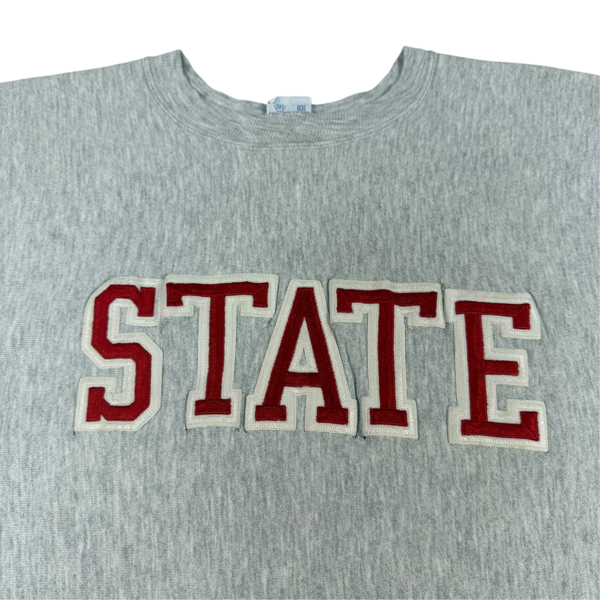 90's Champion リバースウィーブ STATE グレー スウェット XL 正面 上半身 STATE アップリケ引き