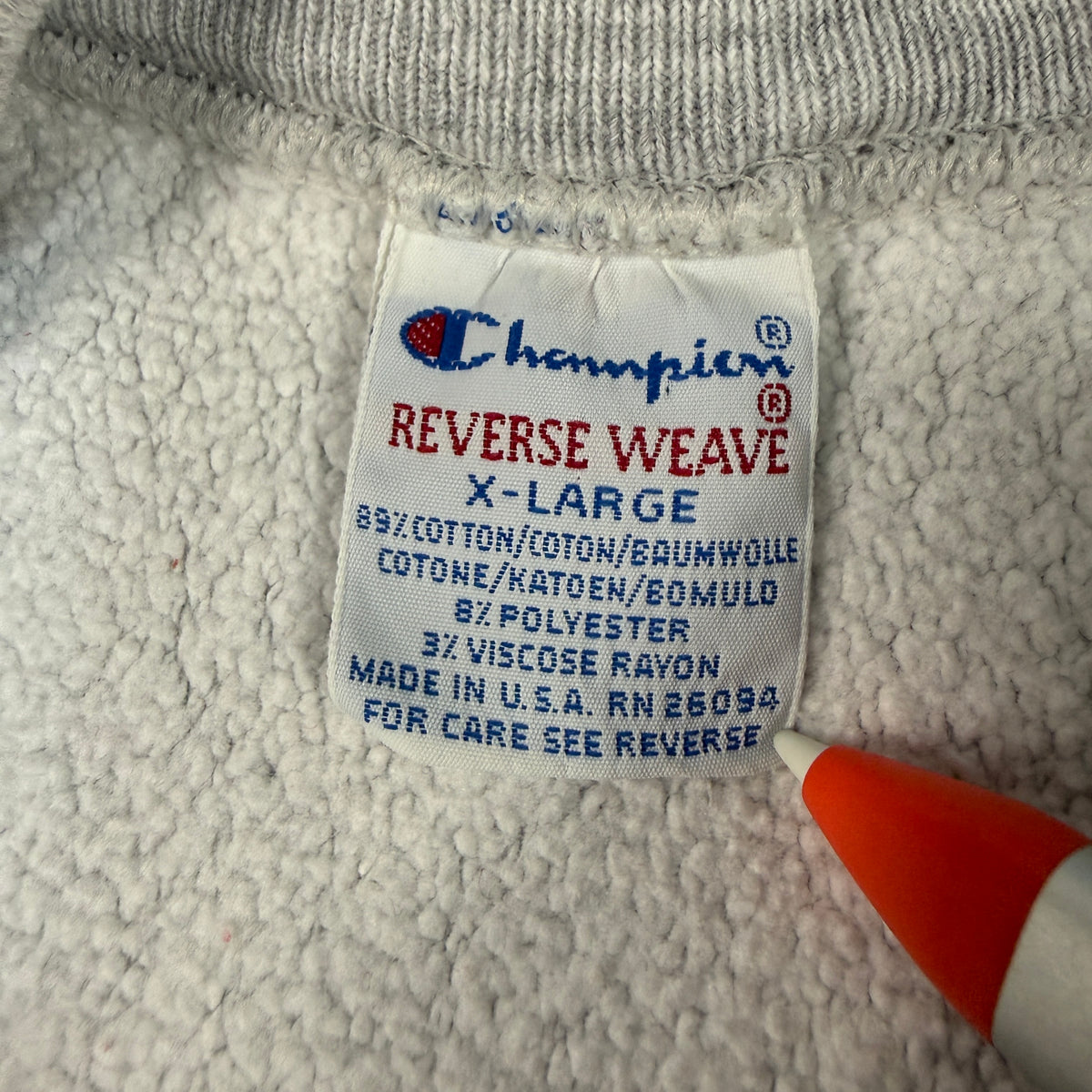 90's Champion リバースウィーブ STATE グレー スウェット XL 刺繍タグ X-LARGE MADE IN U.S.A. RN 26094 寄り