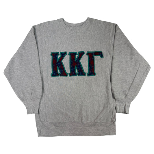 90's Champion リバースウィーブ ギリシャ文字 ΚΚΓ チェック地アップリケ グレー スウェット XL 正面全体