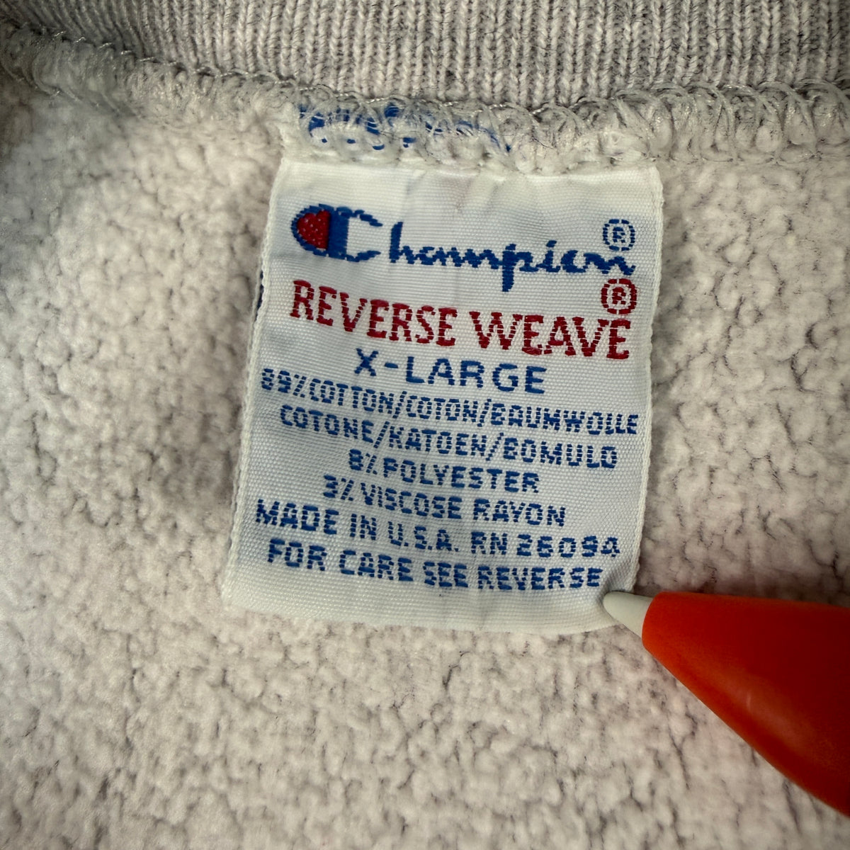 90's Champion リバースウィーブ ΚΚΓ グレー スウェット XL 刺繍タグ X-LARGE MADE IN U.S.A. RN 26094 寄り