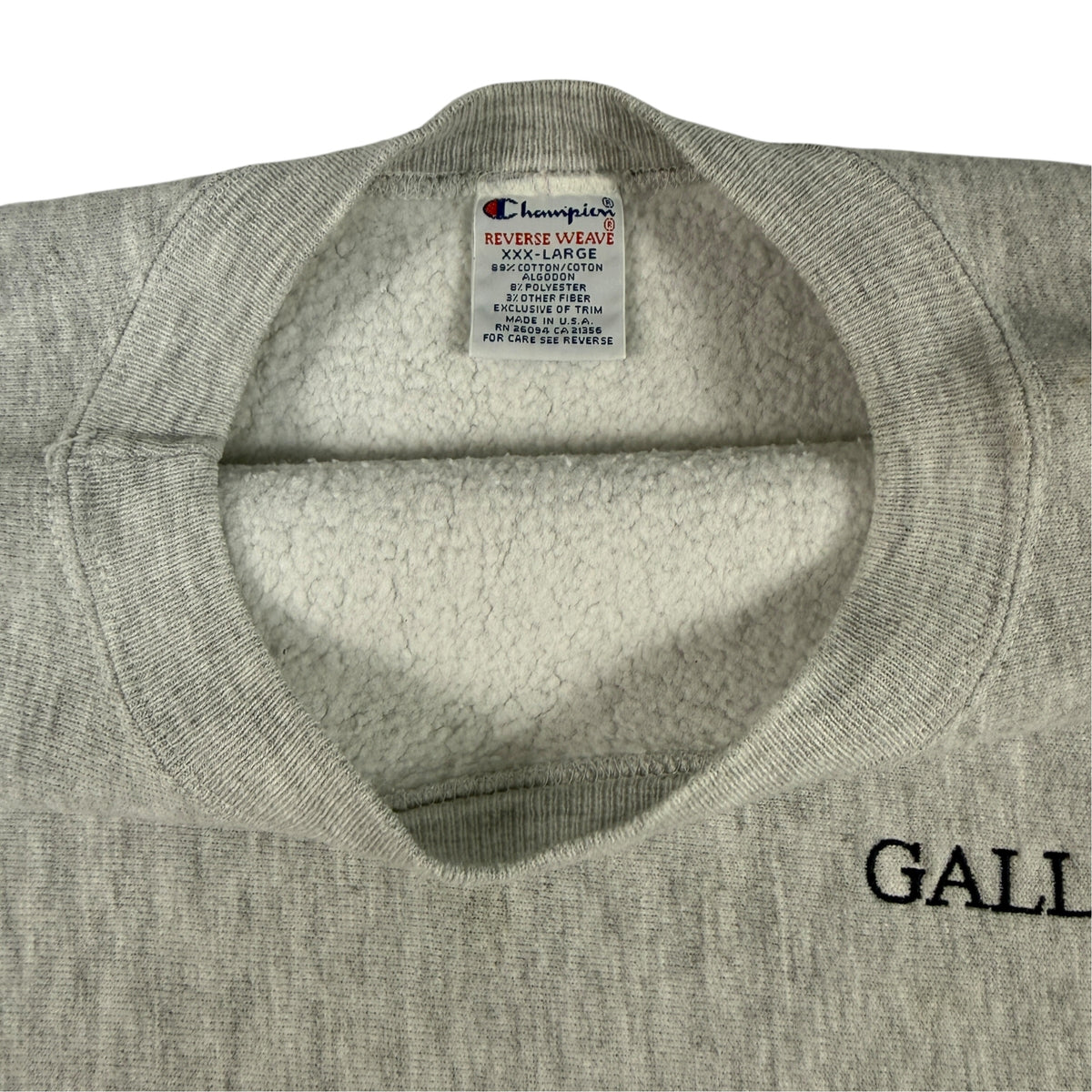90's Champion リバースウィーブ GALLUP グレー スウェット XXXL 首元内側とタグ引き