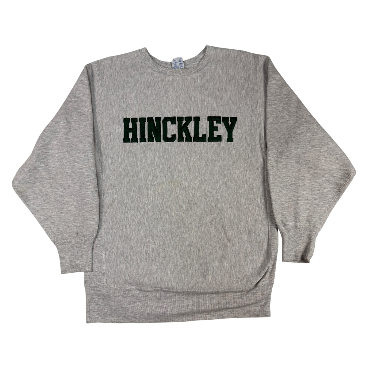 90's Champion リバースウィーブ HINCKLEY アップリケ グレー スウェット XL 正面全体