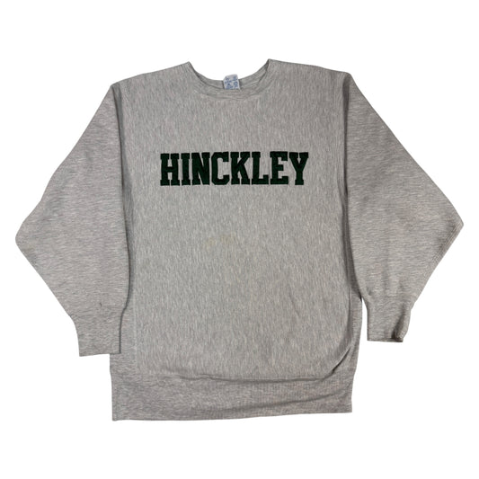 90's Champion リバースウィーブ HINCKLEY アップリケ グレー スウェット XL 正面全体