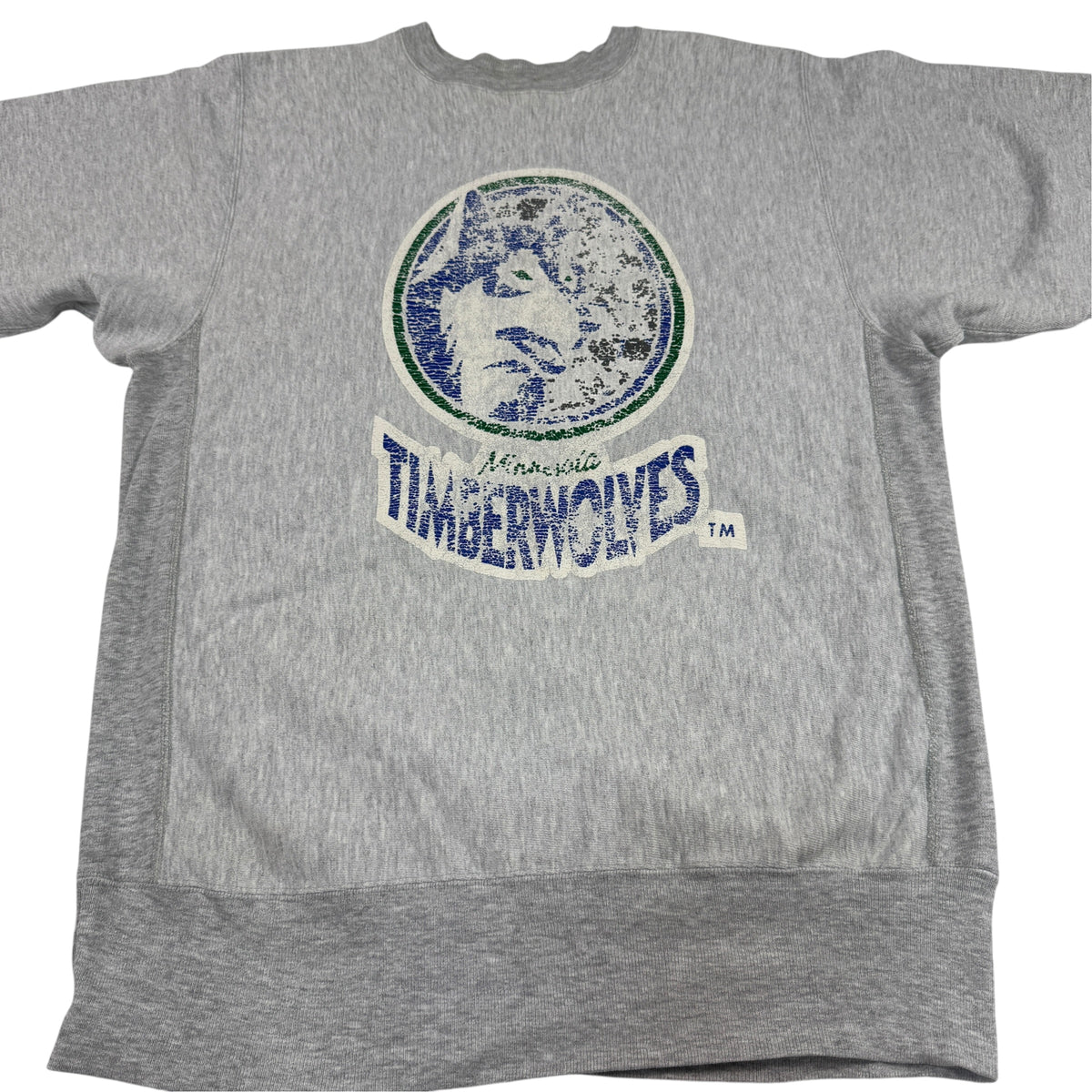 90's Champion リバースウィーブ TIMBERWOLVES グレー スウェット XXL 正面 平置き全体