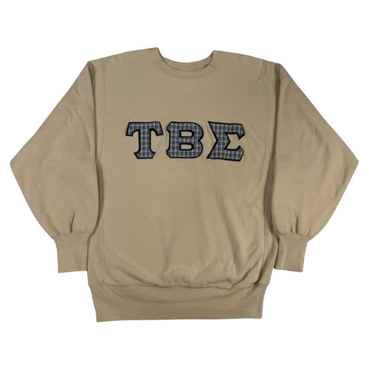 90's Champion リバースウィーブ ギリシャ文字 ΤΒΣ チェック地アップリケ サンドベージュ スウェット XL 正面全体