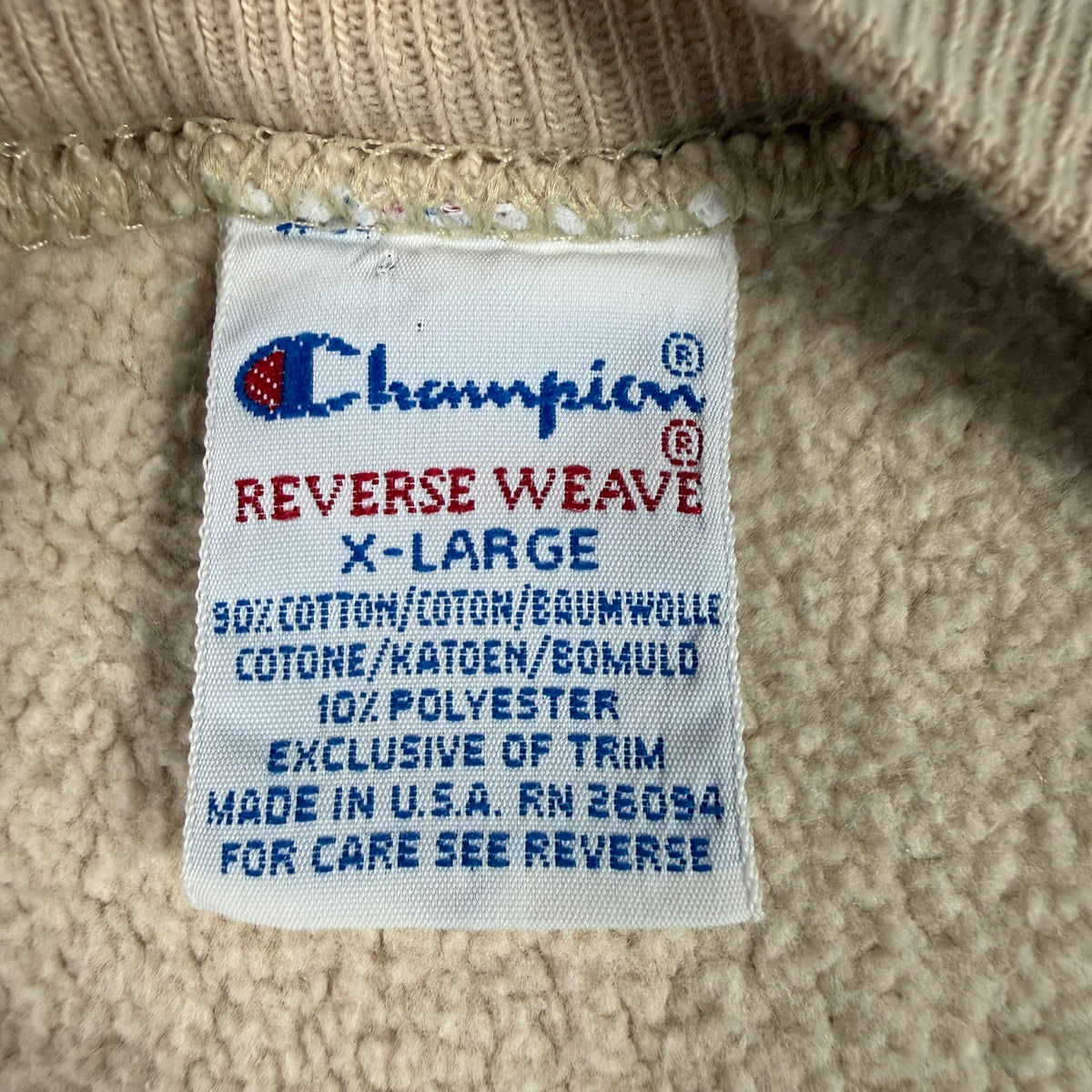 90's Champion リバースウィーブ ΤΒΣ サンドベージュ スウェット XL 左袖 Cワッペン寄り