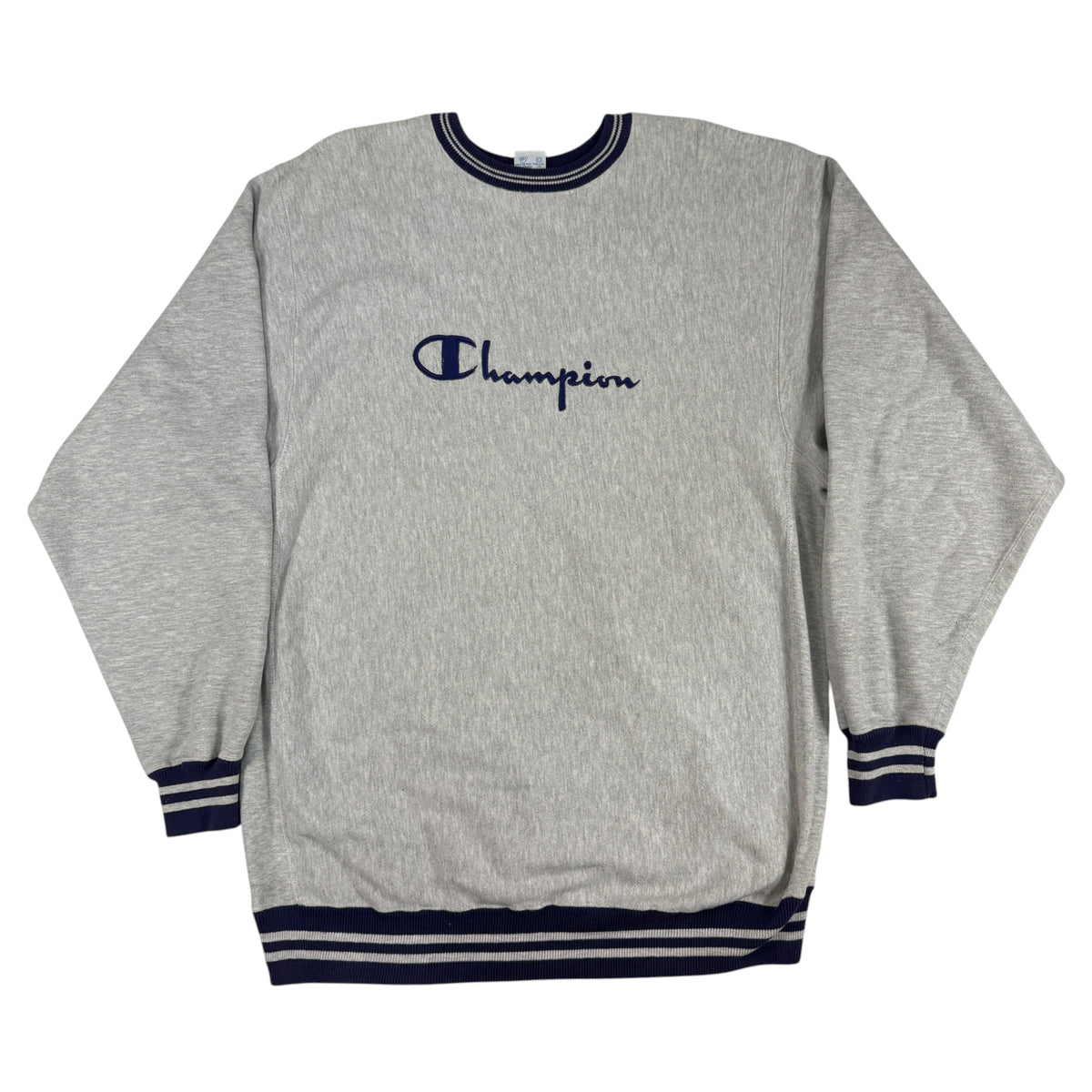 90's Champion リバースウィーブ スクリプトロゴ刺繍 ネイビー ラインリブ グレー スウェット XXL 正面全体