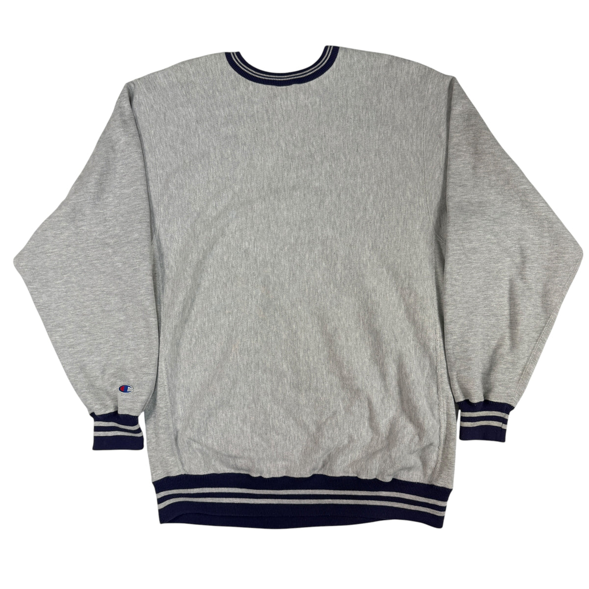 90's Champion リバースウィーブ スクリプトロゴ刺繍 ネイビー ラインリブ グレー スウェット XXL 背面全体