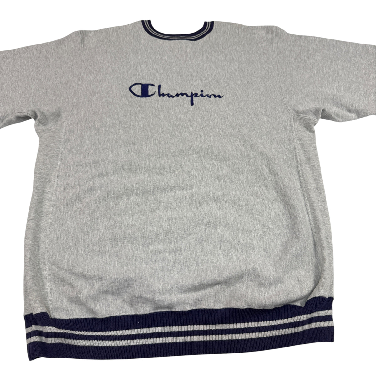 90's Champion リバースウィーブ スクリプトロゴ刺繍 ネイビー ラインリブ グレー スウェット XXL 正面 平置き