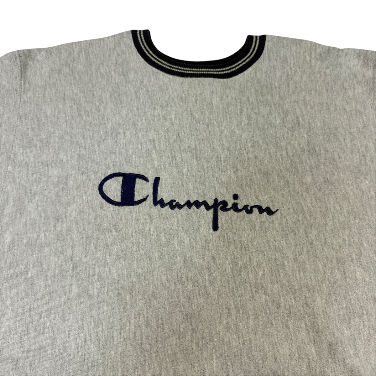90's Champion リバースウィーブ スクリプトロゴ刺繍 ネイビー ラインリブ グレー スウェット XXL 胸のスクリプトロゴ刺繍（上半身引き）